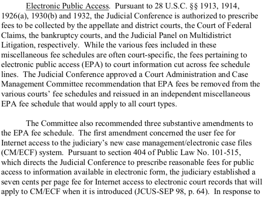 Screenshot of PACER fee changes